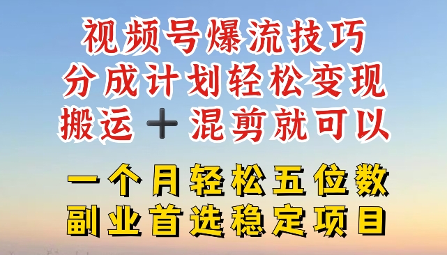 视频号爆流技巧，分成计划轻松变现，搬运 +混剪就可以，一个月轻松五位数稳定项目【揭秘】-学习资源社