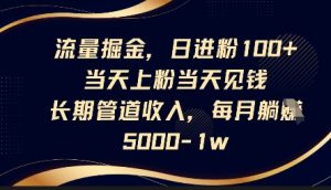 流量掘金,日进粉100+,当天上粉当天见钱,长期管道收入,每月躺挣5k-学习资源社
