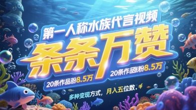 第一人称水族代言视频，条条万赞，20条作品涨粉7.8W，多种变现方式月入五位数-学习资源社