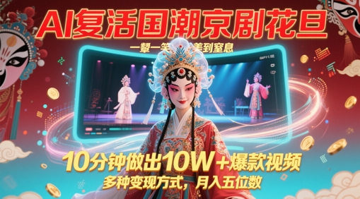 AI复活国潮京剧花旦，一颦一笑美到窒息，10分钟做出10W+爆款视频，多种变现方式，月入五位数-学习资源社