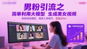 男粉引流之简单利用大模型生成美女视频,条条原创爆款,简单上传制作,变现日1k+-学习资源社