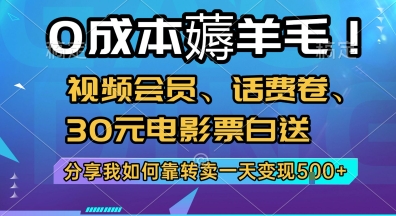 0成本薅羊毛!视频会员、话费卷、30元电影票白送，分享我如何靠转卖一天变现5张+【揭秘】-学习资源社