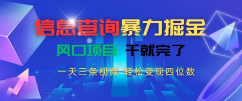 信息查询暴力掘金，一天三条视频，轻松变现四位数，风口项目干就完了【揭秘】-学习资源社