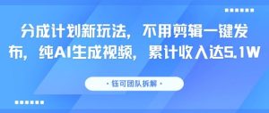 分成计划新玩法,不用剪辑一键发布,纯AI生成视频,累计收入达5.1W-学习资源社