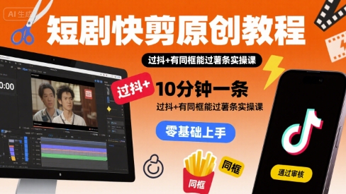 短剧快剪原创教程，10分钟一条，过抖+有同框能过薯条实操课-学习资源社