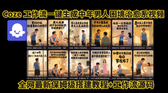 coze工作流一键生成”中年男人困境扎心高涨粉高播放量图文视频”保姆级拆解教程，无需剪辑，无需拍摄写文案-学习资源社