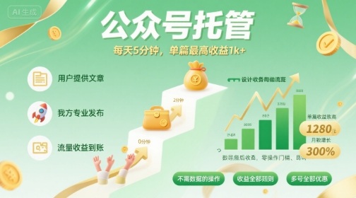 【公众号托管 】我提供文章，你发布，每天5分钟，单篇最高收益1k+【揭秘】-学习资源社
