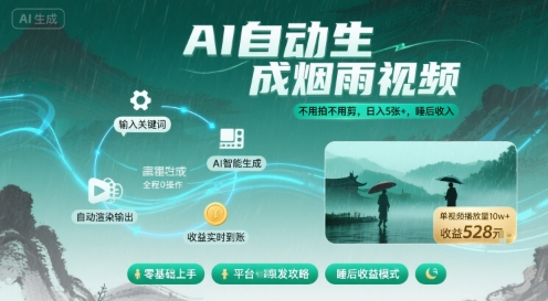 不用拍不用剪！AI自动生成烟雨视频，日入5张+，睡后收入-学习资源社