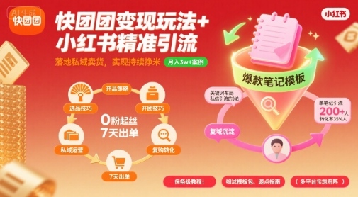 快团团变现玩法+小红书精准引流技巧，助你真正落地私域卖货，实现持续挣米-学习资源社