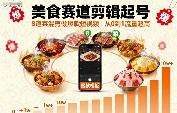 美食赛道剪辑起号，8道菜混剪做爆款短视频，从0到1，流量超高-学习资源社