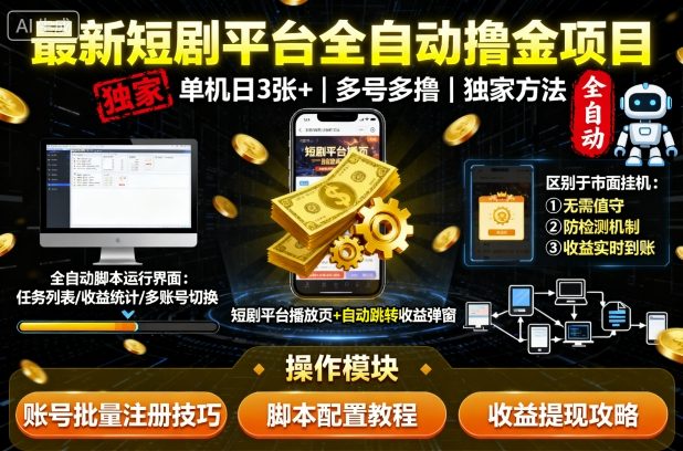 最新短剧平台全自动挂G撸金项目，单机一天3张+，多号多撸，区别于市面所有挂机项目，独家方法【揭秘】-学习资源社