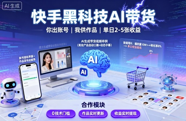 快手黑科技AI带货，你提供账号，我提供作品并发布，单日2-5张【揭秘】-学习资源社