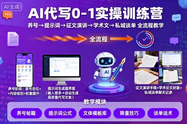 AI代写0-1实操训练营，从养号、提示词、征文演讲、学术文，到私域谈单的全流程教学-学习资源社