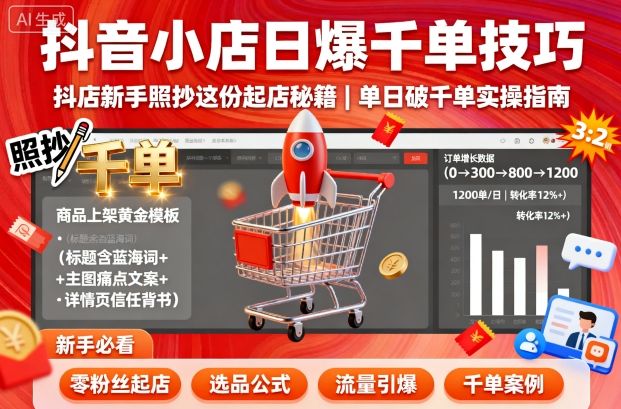 抖音小店日爆千单技巧，抖店新手照抄这份起店秘籍，单日破千单-学习资源社