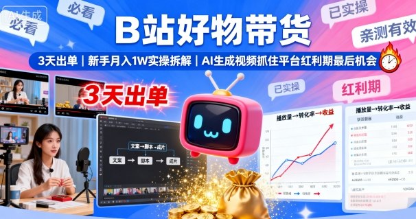 B站好物带货，3天出单，新手月入1W实操拆解，AI生成视频，抓住平台红利期最后机会-学习资源社