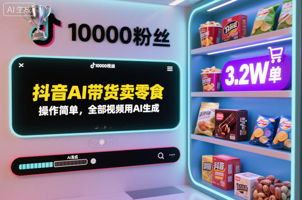 抖音AI带货卖零食，操作简单，全部视频用AI生成，一万粉丝，卖了3.2W单-学习资源社